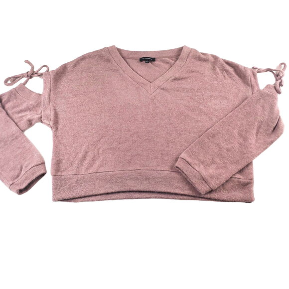 La Charme U Sweatshirt Womens Large Cold Shoulder Pink Tie V Neck Shirt Top - Picture 1 of 4